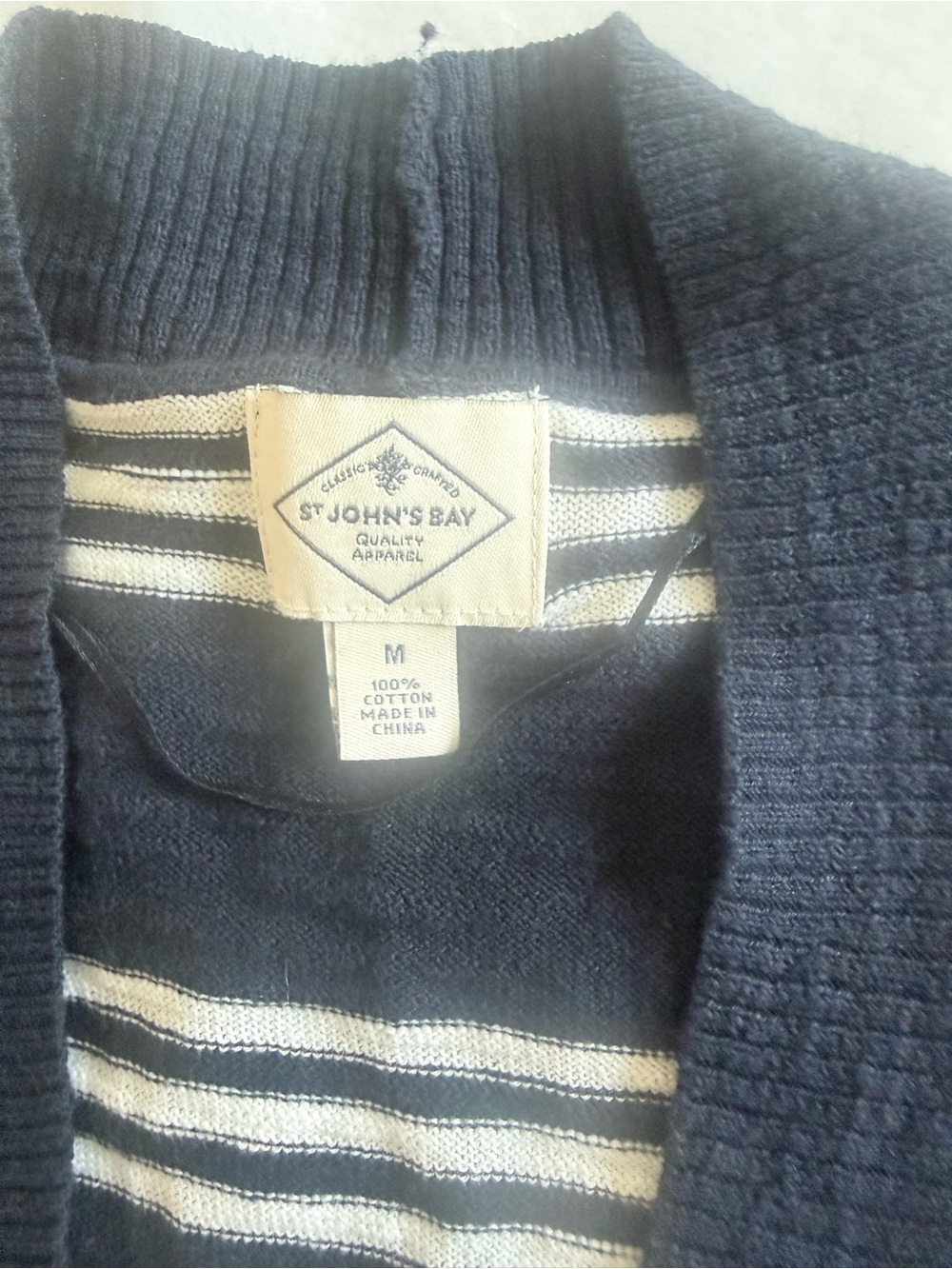 St. John's Bay Navy Cardigan with Cream Stripe Detail